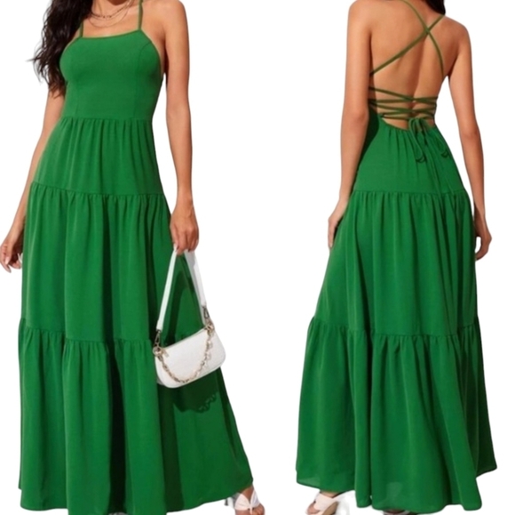 Boho Spaghetti Strappy Back Tiered Flowy Maxi Midi Cami Babydoll Dress Green - Picture 1 of 10